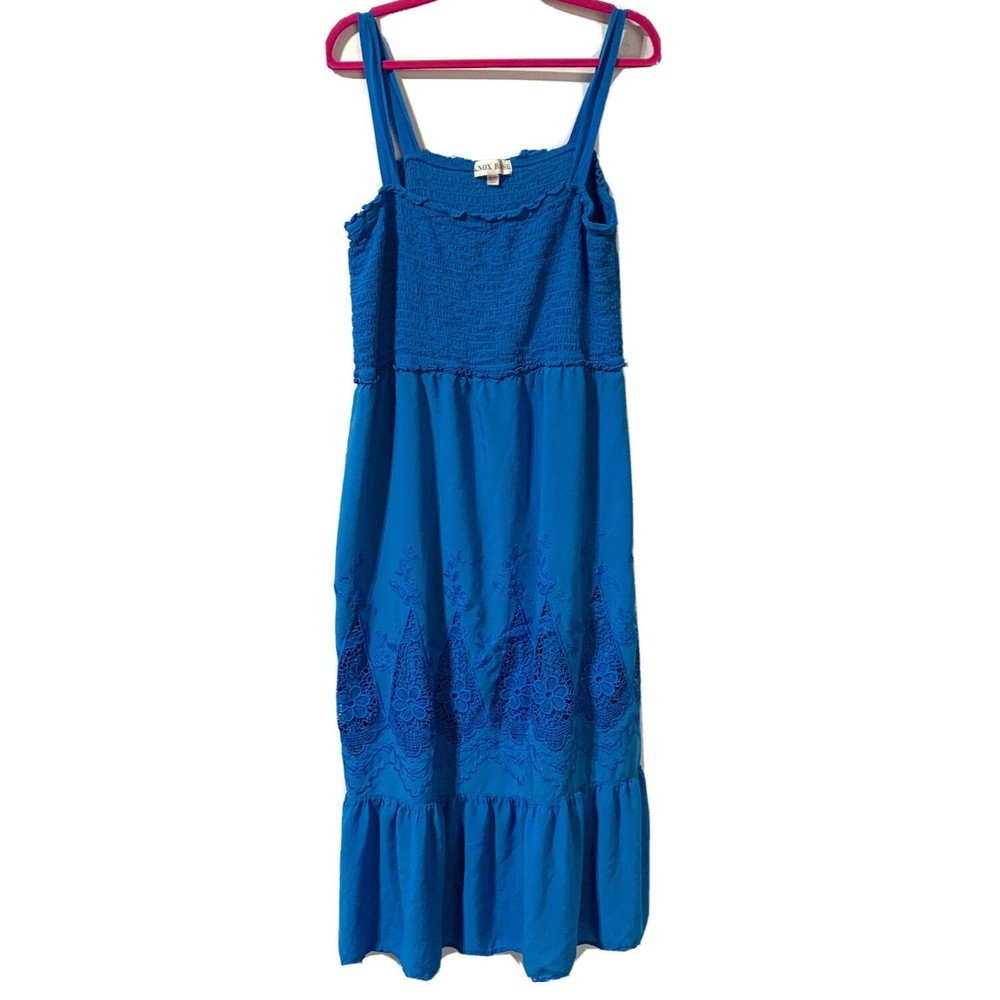 Knox Rose Maxi Dress Blue Size XXL 2XL Smocked Chest Crochet Lace Ruffle Hem
